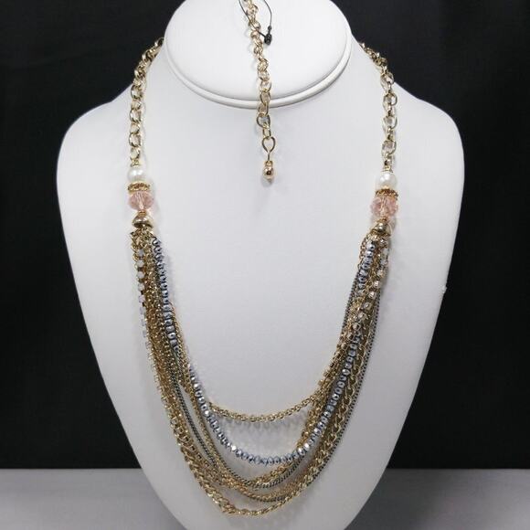 Chico's Pink Crystal Faux Pearl Multi-Strand Chain Necklace, 27 Inches - Picture 5 of 12